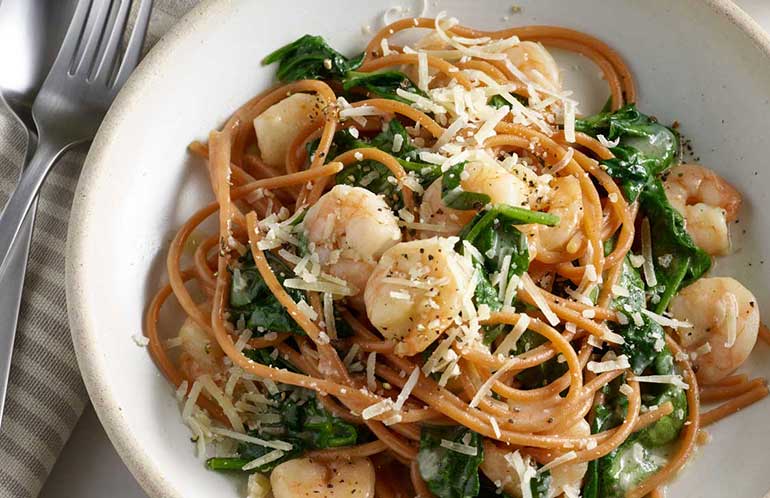 Garlic Butter Shrimp with Spinach & Red Lentil Spaghetti - Aqua Star