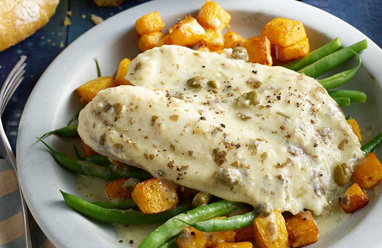 Lemon Caper Tilapia with Roasted Butternut Squash and Steamed Petite