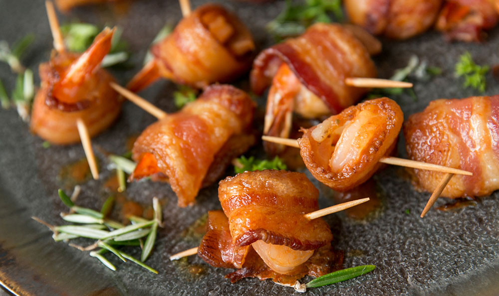 Maple Bourbon Glazed Bacon Wrapped Shrimp - Aqua Star